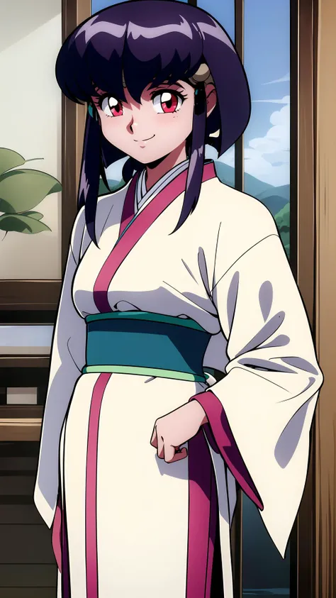 masterpiece, 1girl, ayeka, standing, obi, japanese clothes, purple hair, smile, red eyes, highly detailed, beautiful