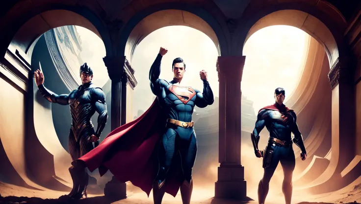 A highly detailed photograph of a group the superheroes, guys white 18-year-old spiderman, superman, batman, aladdin, the flash, robin, daredevil, handsomes, attractives, in a strength competition, in which they demonstrate their skills and superpowers, masculine pose, mischievous look, serious expression, shirtless guys, sweaty, showing the ripped body,  beautiful illumination. hyperrealistic, hyperdetailed, 4k,