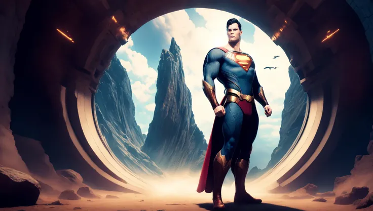 photo, superman (thnos:1) standing in front of, a tunnel (BaroqueWarrior style:1) (ToweringPortal style:0.8) <lora:djzToweringPortalV21:0.8> <lora:thanos1521768Lora_sd21768:0.8>