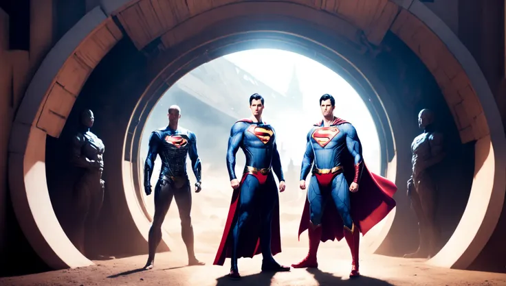 photo, superman (thnos:0.5) standing in front of, a tunnel (BaroqueWarrior style:1) (ToweringPortal style:0.8) <lora:djzToweringPortalV21:0.8> <lora:thanos1521768Lora_sd21768:0.4>