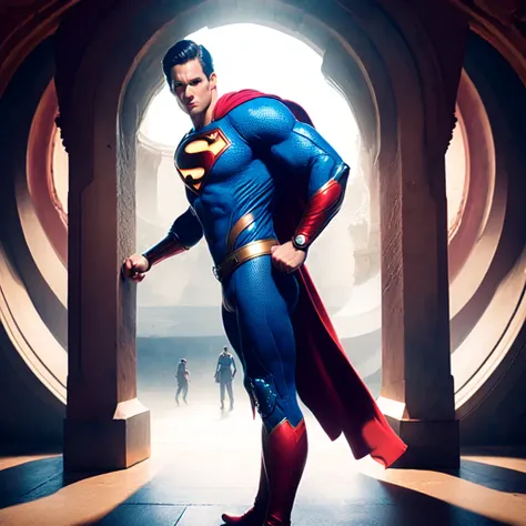 photo, superman standing in front of, a tunnel (BaroqueWarrior style:1) (ToweringPortal style:1) <lora:djzToweringPortalV21:1>