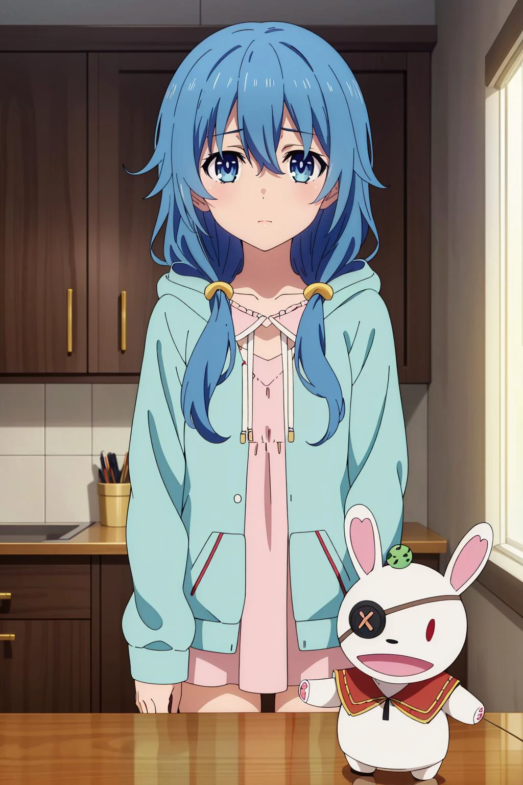 1girl, solo, best quality, masterpiece, <lora:yoshino-dal:0.8> yoshino himekawa, looking at viewer, anime coloring, puppet, hand puppet, stuffed toy, hood