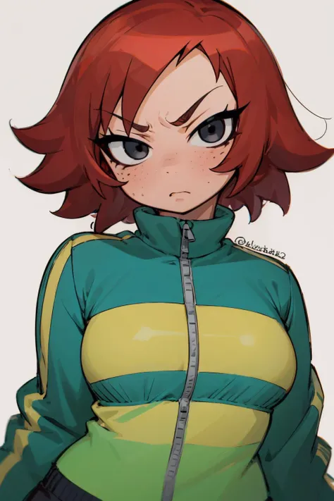 <lora:kimnew:0.75> kimnew, ((flat background, white background)), looking at viewer, 1girl, solo, angry, blushing, freckles, red hair, medium breasts, ((black eyes)), short hair, curvy:1.4, ((portrait, above shoulder, head shot)), green track jacket, <lora:Mild detail adjusterV10:0.25>