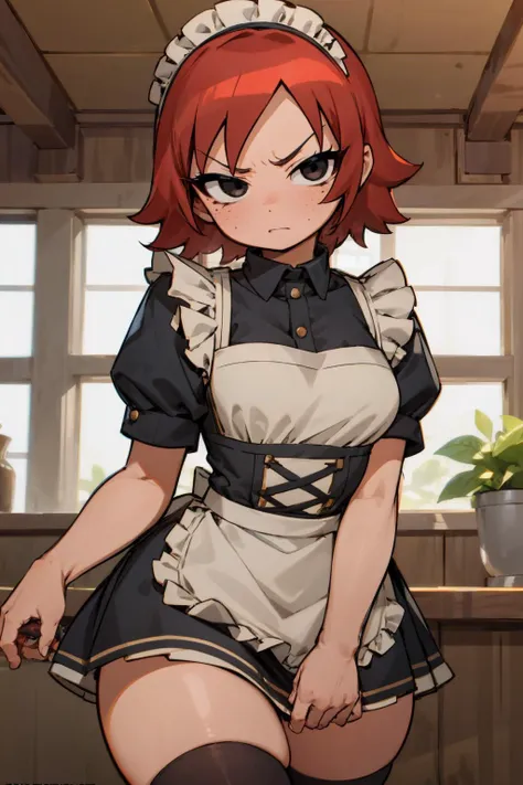 <lora:kimnew:0.75> kimnew, indoors, looking at viewer, 1girl, solo, angry, blushing, wide hips, narrow waist, freckles, red hair, black eyes:1.4, short hair, curvy:1.4, BREAK maid dress, apron, thighhighs, thigh squish <lora:Mild detail adjusterV10:0.25>