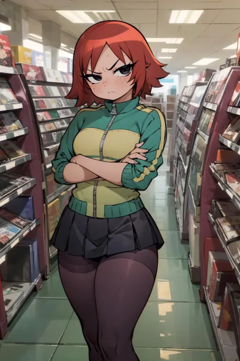 <lora:kimnew:0.75> indoors, video store, kimnew, looking at viewer, 1girl, solo, angry, blush, wide hips, narrow waist, freckles, red hair, black eyes, short hair, curvy:1.4, crossed arms, green track jacket, black pleated skirt, purple pantyhose, <lora:Mild detail adjusterV10:0.25>