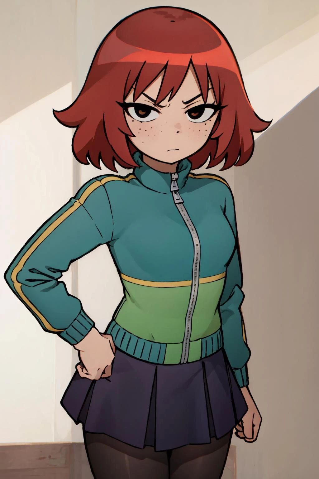 kimpine, ((flat background, white background)), looking at viewer, 1girl, solo, angry, blushing, wide hips, narrow waist, freckles, red hair, ((black eyes)), short hair, curvy:1.4, ((portrait, above shoulder)), green track jacket, purple pantyhose, black skirt <lora:kimpine2-000003:0.65>