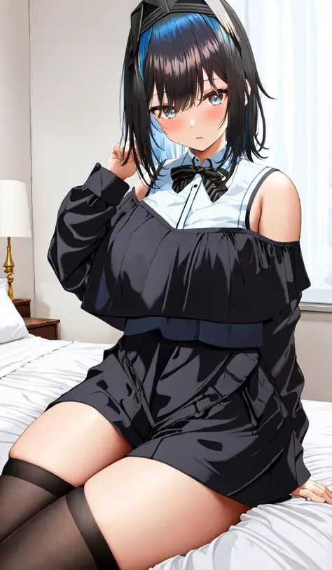 ((masterpiece)), best quality, ((highly detailed)), 1girl, ((((((black and blue hair color)))))), (split-color hair:1.6), medium long hair, (side ponytail), (ponytail on the right side), hime cut bangs, green eyes, dynamic expresion, plus size, black wafuku, bowtie, latex legwear, {{{{comfy living room}}}}, wood furniture, messy room, neneneji <lora:nenenejiStyleV1:0.8>