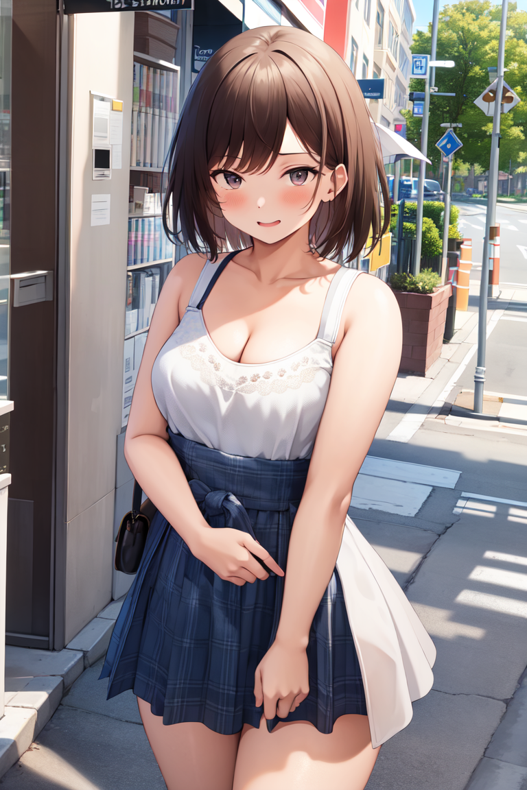 Anime girl in a short skirt posing on the street - SeaArt AI