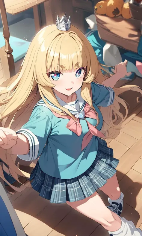 <lora:sdxl-gomon-hime:0.7> sdxl-gomon-hime princess, silver mini crown, flipped hair blonde hair long hair short sidelock shiny hair blunt bangs, blue eyes eyelashes thick eyebrows, toenails pupils sparkling, extremely quality extremely detailed, illustration, contrapposto, cute anime face cinematic lighting cinematic angle, pale gradient sailor shirt, coral ribbon aqua pleated plaid_skirt loose socks Deck shoes