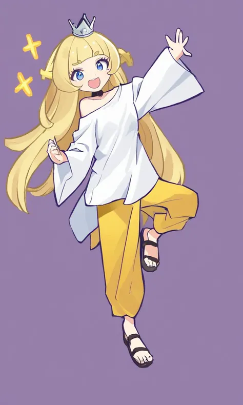 <lora:sdxl-gomon-hime:0.7> sdxl-gomon-hime princess, silver mini crown, flipped hair blonde hair long hair short sidelock shiny hair blunt bangs, blue eyes eyelashes thick eyebrows, toenails +++ white shirt off shoulder long sleeves oversized shirt long shirt wide sleeves, black collar,  +++ Excited , score_9, score_8, score_7_up