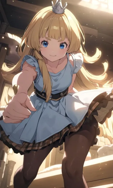 <lora:sdxl-gomon-hime:0.7> sdxl-gomon-hime princess, silver mini crown, flipped hair blonde hair long hair short sidelock shiny hair blunt bangs, blue eyes eyelashes thick eyebrows, toenails Gleeful, extremely quality extremely detailed, illustration, contrapposto, cute anime face cinematic lighting cinematic angle, - hazel sleeveless coral checked skirt, drawers pantyhose full brogue