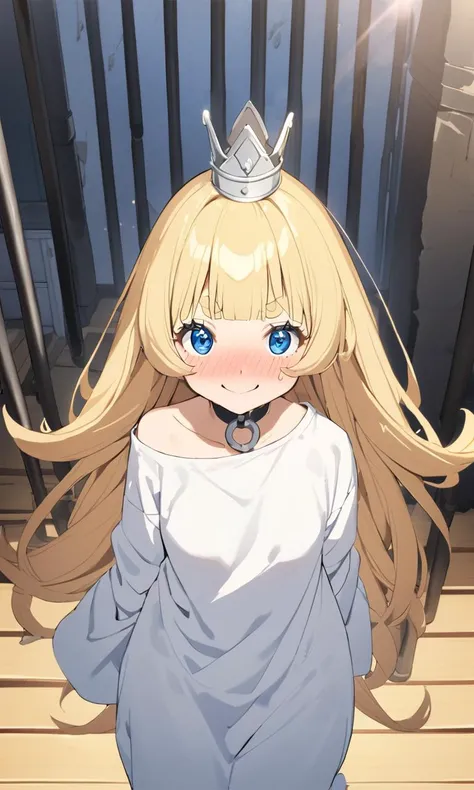 <lora:sdxl-gomon-hime:0.8> sdxl-gomon-hime princess, silver mini crown, flipped hair blonde hair long hair short sidelock shiny hair blunt bangs, blue eyes eyelashes thick eyebrows, toenails +++ white shirt off shoulder long sleeves oversized shirt long shirt wide sleeves, black collar, shackles, Prison iron bars +++ embarrassed nose blush smile , masterpiece 8k_wallpaper