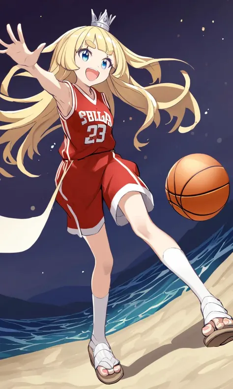 <lora:sdxl-gomon-hime:0.7> sdxl-gomon-hime princess, silver mini crown, flipped hair blonde hair long hair short sidelock shiny hair blunt bangs, blue eyes eyelashes thick eyebrows, toenails Jubilant basketball_uniform, Nighttime Lake wind outdoors