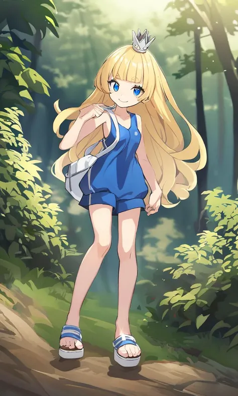 Blonde, elementary school student, green eyes, long hair , elementary school student, kind smile, park, short, , 135cm tall, blue sky, hair hanging outside,flat chest ,(bottomless:1.5), Slip Dress