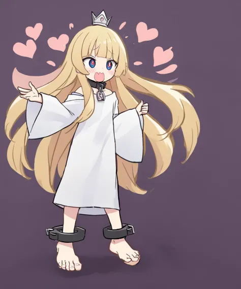 1girl, <lora:sdxl-gomon-hime:0.3> sdxl-gomon-hime, princess, silver mini crown, blonde hair, long hair, short sidelock, blunt bangs, blue eyes, toenails, white shirt off shoulder long sleeves oversized shirt wide sleeves, black collar, shackles, deformation, large open mouth, wavy mouth, drooling, surprised, uvula, raised eyebrows, heart-shaped pupils,|drool