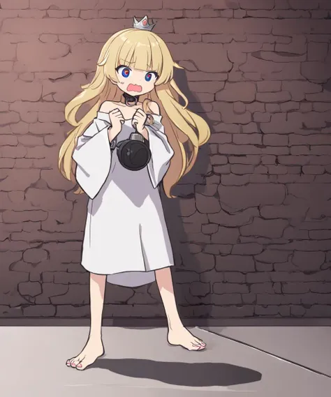 1girl, <lora:sdxl-gomon-hime:0.3> sdxl-gomon-hime, princess, silver mini crown, blonde hair, long hair, short sidelock, blunt bangs, blue eyes, toenails, white shirt off shoulder long sleeves oversized shirt wide sleeves, black collar, shackles, deformation, large open mouth, wavy mouth, drooling, surprised, uvula, raised eyebrows, heart-shaped pupils,|drool brick wall