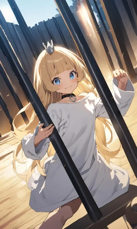 1girl, <lora:sdxl-gomon-hime:0.3> sdxl-gomon-hime, princess, silver mini crown, blonde hair, long hair, short sidelock, blunt bangs, blue eyes, toenails, white shirt off shoulder long sleeves oversized shirt wide sleeves, black collar, shackles, park, ;>, extremely quality extremely detailed, illustration, contrapposto, cute anime face cinematic lighting cinematic angle