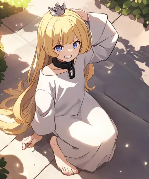 1girl, <lora:sdxl-gomon-hime:0.3> sdxl-gomon-hime, princess, silver mini crown, blonde hair, long hair, short sidelock, blunt bangs, blue eyes, toenails, white shirt off shoulder long sleeves oversized shirt wide sleeves, black collar, shackles, park, clenched teeth, extremely quality extremely detailed, illustration, contrapposto, cute anime face cinematic lighting cinematic angle, from above sitting yokozuwari , warm light sunset, rays light sparkles lens flare deep shadows, depth of field peerless scenery sentimental