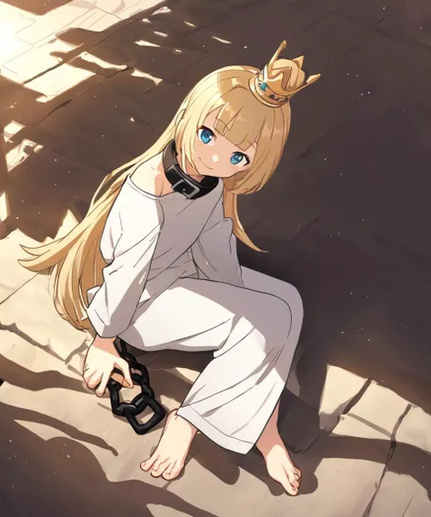 1girl, <lora:sdxl-gomon-hime:0.3> sdxl-gomon-hime, princess, silver mini crown, blonde hair, long hair, short sidelock, blunt bangs, blue eyes, toenails, white shirt off shoulder long sleeves oversized shirt wide sleeves, black collar, shackles, park, Bashful, extremely quality extremely detailed, illustration, contrapposto, cute anime face cinematic lighting cinematic angle, from above sitting hugging own legs , warm light sunset, rays light sparkles lens flare deep shadows, depth of field peerless scenery sentimental