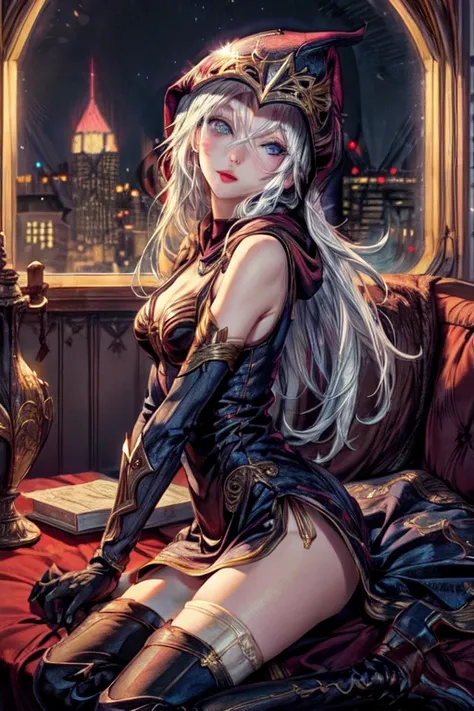 ((best quality)), ((masterpiece)), (detailed),night,nighttime, cold colours,metropolis,
1girl,mature,pretty,petite,
blue eyes, (medium breasts:1.4),  long hair, white hair,red lips, blush, climax,
hood,loafers, gloves, hood, short dress,  stockings, bra,panty, bandages,
ashe \(league of legends\), league of legends, <lora:ashe_lol-000037:0.7>
BREAK
bedroom,windows,raytracing,<lora:add_detail:1>