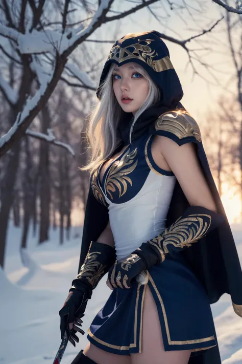 ashe \(league of legends\) 1girl detached sleeves hooded cape thighhighs white hair long hair , completly nude, medium breasts, snow, squatting, front view, blushing face, blue eyes, light blue eyes