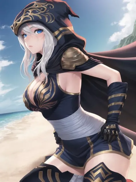 beach, ashe \(league of legends\), 1girl, cowboy shot, looking at viewer, hand on hips, blue eyes, breasts, cape, dress, gloves, hood, league of legends, long hair, short dress, solo, thighhighs, white hair, bandages, <lora:ashe_lol-000037:1>