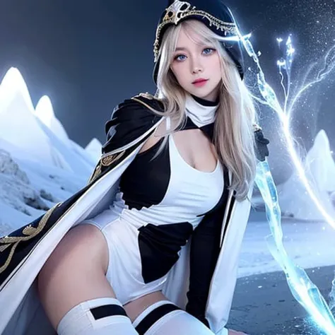 <lora:koreanDollLikeness_v15:0.66>,best quality, intricate details,ultra high res, (photorealistic:1.4), (1girl:1.2), blue eyes, white cape, dress, gloves, hood, league of legends, long hair, short dress, solo, thighhighs, deep black hair, bandages, <lora:asheFromLeagueOf_asheLolV1:0.5>, ice mountain, looking at viewer, smiling, cute, full body, white bikini