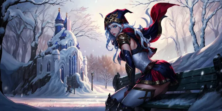 an illustration in the art-style of <lora:zeronis_offset:0.9>,Zeronis,((Masterpiece)),(Extremely high quality:1),(intricate detail:1),(depth of field),subsurface scattering, league of legends, lol, splash art,<lora:LoL Splash V2:0.55>, 1girl,ashe \(league of legends\),white hair,long hair,blue eyes,hood,cape,fair skin,beautiful face,highly detailed eyes and face,<lora:ashe_lol-000037:1>, full body,standing with back to viewer,back view,looking back at viewer,(((solo))),epic,best quality, masterpiece, hires, original, extremely detailed wallpaper, perfect lighting,(extremely detailed CG:1.2),8k,intricate detail,trending on artstation,digital art, <lora:add_detail:0.5>,detailed,8k, Snow,white landscape,snowy landscape,snowy trees,snowy bench,snow castle in the background,