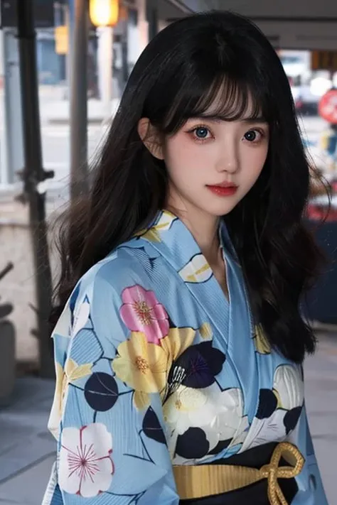 (best quality, masterpiece:1.2), (realistic:1.3), high resolution,(ultra-detailed background, detailed background), bokeh,(symmetrical clear eyes:1.3),an extremely cute and beautiful girl,highly detailed beautiful face and black eyes,beautiful hair,((colorful japanese yukata)),1girl, solo,dynamic angle,cowboy shot,<lora:xxgl:0.8>