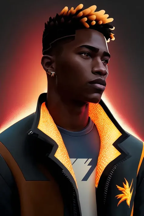 (phoenix /(valorant/)), digital illustration, man, dark skin, 1boy, best quality, looking at viewer, jacket, portrait <lora:PhoenixValorant:1>