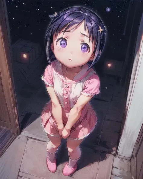 (scared to sleep alone:1.3),(front above view of maeharashinobu looking up standing with arms behind her back in an open house doorway at night:1.8),
(dark night sky with stars in background:1.8),
(arms stretched out:1.4),
(maeharashinobu:1.6),
(masterpiece,best quality,ultra_detailed,highres,absurdres, dimly lit:1.2),
dimly lit, 1girl, solo,(noumi kudryavka:1.25),(view from above, pov from above:1.7),full body, (cute,lovely,beautiful,adorable,pitiful:1.5),
(wearing cute pink_dress pajamas,short skirt with frills, wearing pink shoes),
(wearing knee-high socks:1.5),
(looking hopefully up at viewer, eye contact:1.5),
standing in doorway,
<lora:ScaredToSleepAlone:0.5> , <lora:Maehara_Shinobu:1>, <lora:add_detail:1>,