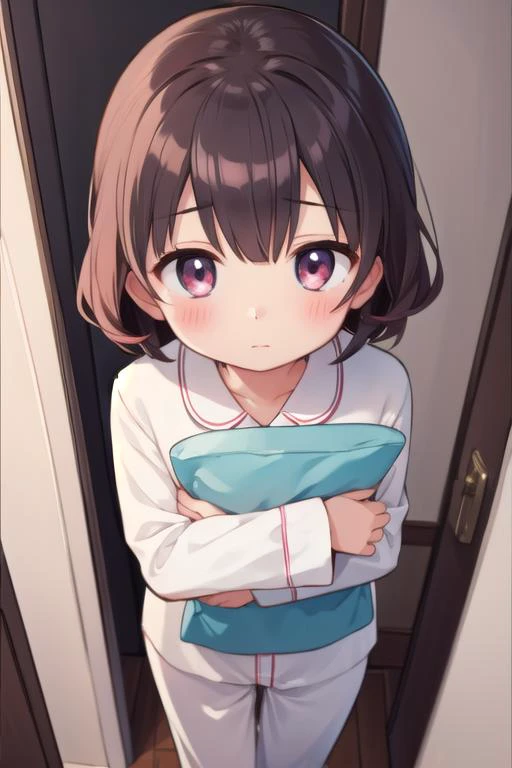 masterpiece,ulrra detail,best quality, girl,pajamas,scared to sleep alone, <lora:ScaredToSleepAlone:0.7>, looking at viewer,from above, blush. <lora:inazuma5:0.7>inazuma,hairup