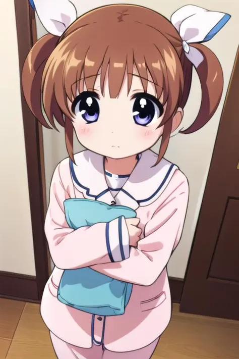 masterpiece,ulrra detail,best quality, girl,pajamas,scared to sleep alone, <lora:ScaredToSleepAlone:0.7>, looking at viewer,from above, blush. ribbon<lora:nanoha-movie-2nd-takamachi-nanoha:0.7>takamachi-nanoha