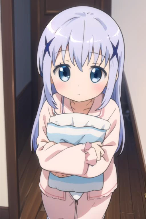 1girl,masterpiece, ((kafuu chino)), blue hair,long hair,x hairornament, jitome, (cowgirl position), pov,girl on top, 1boy muscular male, cum in pussy,nsfw, from below, nude,skirt lift,