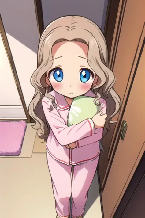 masterpiece,ulrra detail,best quality, girl,pajamas,scared to sleep alone, <lora:ScaredToSleepAlone:0.7>, looking at viewer,from above, blush. wavy hair<lora:nunnally lamperouge:0.7>nunnally lamperouge