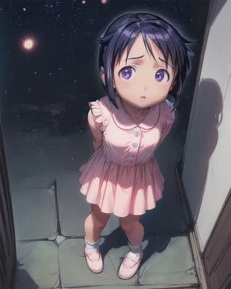 (scared to sleep alone:1.3),(front above view of maeharashinobu looking up standing with arms behind her back in an open house doorway at night:1.8),
(dark night sky with stars in background:1.8),
(maeharashinobu:1.6),
(masterpiece,best quality,ultra_detailed,highres,absurdres, dimly lit:1.2),
dimly lit, 1girl, solo,(noumi kudryavka:1.25),(view from above, pov from above:1.7),full body, (cute,lovely,beautiful,adorable,pitiful:1.5),
(wearing cute pink_dress pajamas, wearing white socks),
(looking hopefully up at viewer, eye contact:1.5),
standing in doorway,
<lora:ScaredToSleepAlone:0.5> , <lora:Maehara_Shinobu:1>, <lora:add_detail:1>,
