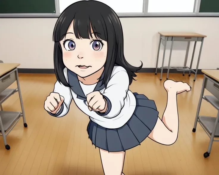 standing on one leg, (arms forward:1.1), running, serafuku, robinish_pose, <lora:robinish_pose:0.7>, |_|, super_deformed, (superman:0.4), detailed_face, (chibi:0.5), indoors, classroom, black_hair