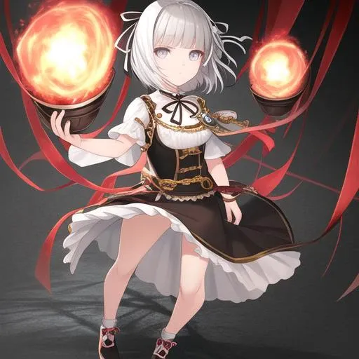 masterpiece,best quality,CG,wallpaper, extremely detailed, close up, solo,dynamic pose,full body,small breast,(cute fac)e,bowl cut,long bright white hair,hair ribbon,black ribbon,grey eyes,glowing eyes,oversized clothes,white dress,