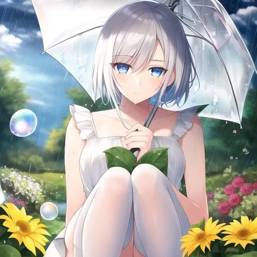 1girl ,skirt,white legwear,legwear,short white hair,ribbon,bare arms,rain,((sky)),colorless umbrella , [yellow:white:0.3] flower,garden,[sun:20],light,water,bubble,korie