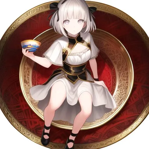 masterpiece,best quality,CG,wallpaper, extremely detailed, close up, solo,dynamic pose,full body,small breast,(cute fac)e,bowl cut,long bright white hair,hair ribbon,black ribbon,grey eyes,glowing eyes,oversized clothes,white dress,