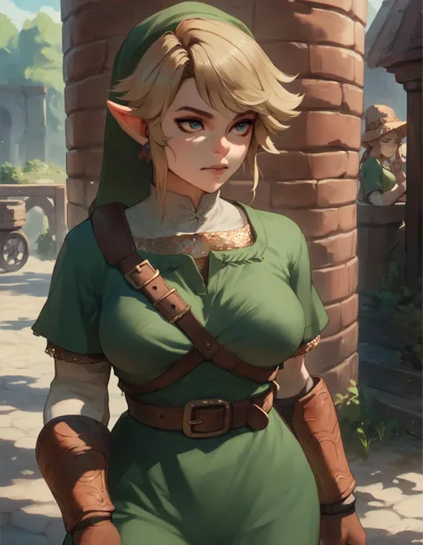 score_9, score_8_up, score_7_up, score_6_up, score_5_up, tphrlnk, 1girl, breasts, copper chainmail undershirt, green tunic, belt, blonde hair, strap between breasts, hip focus, fantasy, narrow waist, 
outdoors, 
 <lora:tp_hero_link_tphrlnk_ponyxl_v1-000087:1.1>