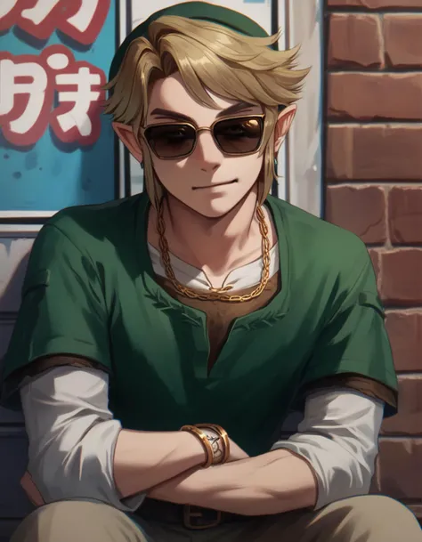 score_9, score_8_up, score_7_up, score_6_up, score_5_up, tphrlnk, 1boy, green suit, solo, t-shirt, necklace, gold chain necklace, gangster, sunglasses, 
 <lora:tp_hero_link_tphrlnk_ponyxl_v1-000087:1>