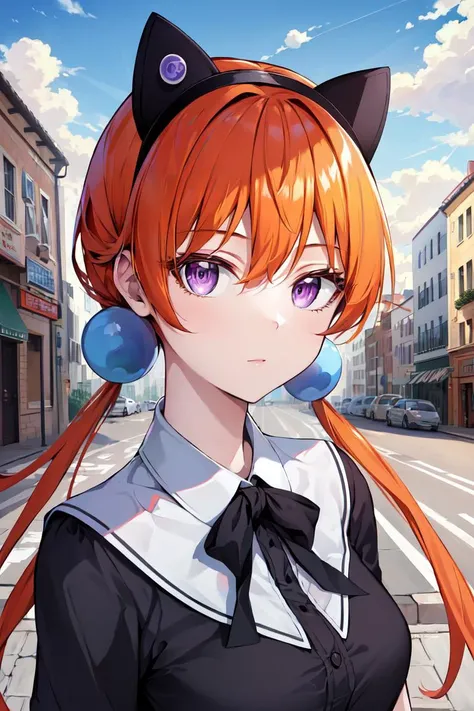 masterpiece, best quality, extremely delicate and beautiful, highres, original, <lora:alisa southercross:0.8>, upper body, looking at viewer, portrait, 1girl, solo, orange hair, purple eyes, fake animal ears, street view, outdoors, morning, blue sky, clouds