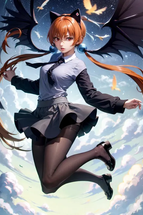 masterpiece, best quality,1girl, solo, pantyhose, skirt, twintails, head wings, long hair, black pantyhose, wings, hair ornament, animal ears, brown hair, shoes, full body, long sleeves, mary janes, necktie, red eyes, hair bobbles, cloud, looking at viewer, cat ears, hairband, orange hair, low twintails, flying, shirt, black skirt, miniskirt, pleated skirt, floating, black footwear, sky, layered sleeves,kbxll