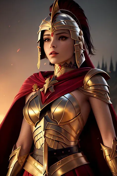 best quality, professional lighting, super detailed, realistic, beautiful detailed face,1girl, europian,25 yo<lora:sp4rt43(0,8-1)CIVIT:0.8> in the style of sp4rt4, armor,choker, hip belt, red cape, spartan helmet, ornamented shoulder pads,sharp focus,cavalry background,from below