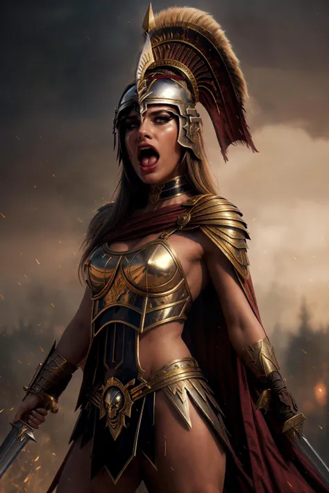 woman in the style of sp4rt4 <lora:LD-Spartan-sp4rt43(0,8-1)CIVIT:0.8>, standing, (grimm, screaming, battle cry:1.3), choker, hip belt, silver and gold cape, spartan helmet, (sword:1.2), choker, ornamented shoulder pads, tattoos, raging battle, cavalry background, (professional DSLR photo), sharp focus, 8k uhd, dslr, soft lighting, high quality, (photorealistic:1.3), intricate detail, detailed facial features, high detail, smooth, aesthetic, extremely detailed, (by greg rutkowski:1), (by luis royo:1), by artgerm