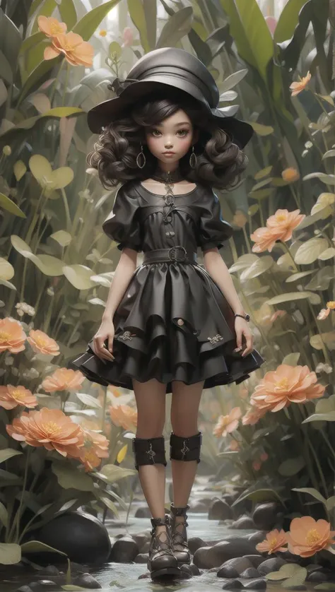 Full Fantasy Flower,<lora:Full Fantasy 000008:0.7>,holding flowers in hand,flower sea,creek,hat,forest,black dress,
