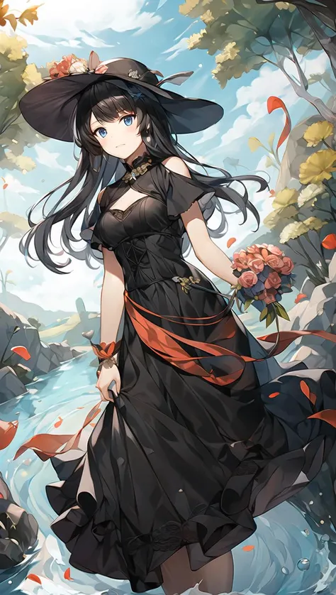 Full Fantasy Flower,<lora:Full Fantasy 000008:0.7>,holding flowers in hand,flower sea,creek,hat,forest,black dress,
