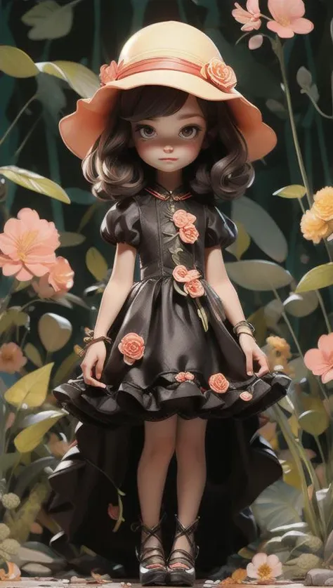 Full Fantasy Flower,<lora:Full Fantasy 000008:0.7>,holding flowers in hand,flower sea,creek,hat,forest,black dress,