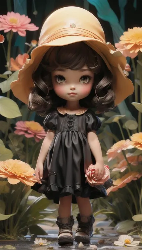 Full Fantasy Flower,<lora:Full Fantasy 000008:0.7>,holding flowers in hand,flower sea,creek,hat,forest,black dress,